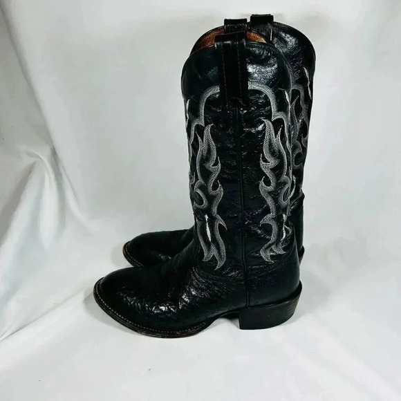 Tony Lama Ostrich Size 7.5 D Men’s Black Cowboy Boots Round Toe Western Leather - Picture 1 of 11